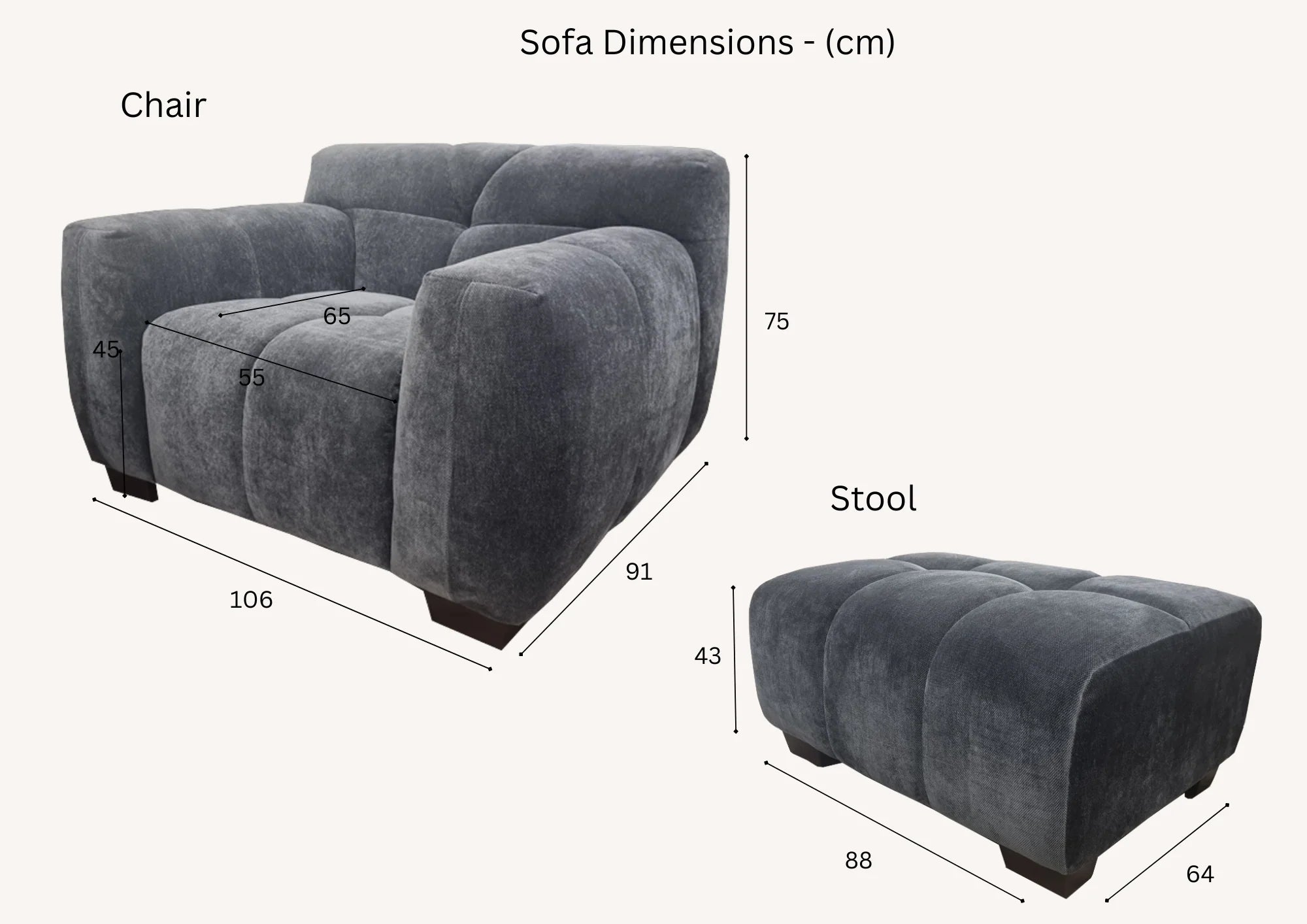 Harlem armchair and stool dimensions diagram showing armchair size (length 106 cm, depth 91 cm, height 75 cm, seat height 45 cm) and stool size (length 88 cm, depth 64 cm, height 43 cm), UK furniture size guide for living room seating set solid furniture UK
