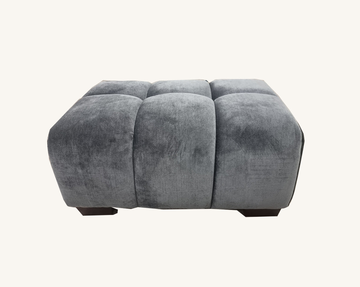 Harlem stool in steel velvet upholstery, main view showing padded top and compact modern design, UK living room footstool solid furniture UK