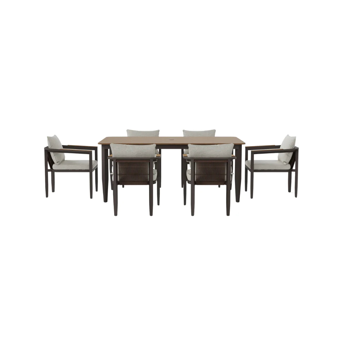 Hemera 6 seater outdoor garden dining set back side view showing aluminium frame and cushioned chairs, durable and weather-resistant outdoor dining furniture solid furniture UK