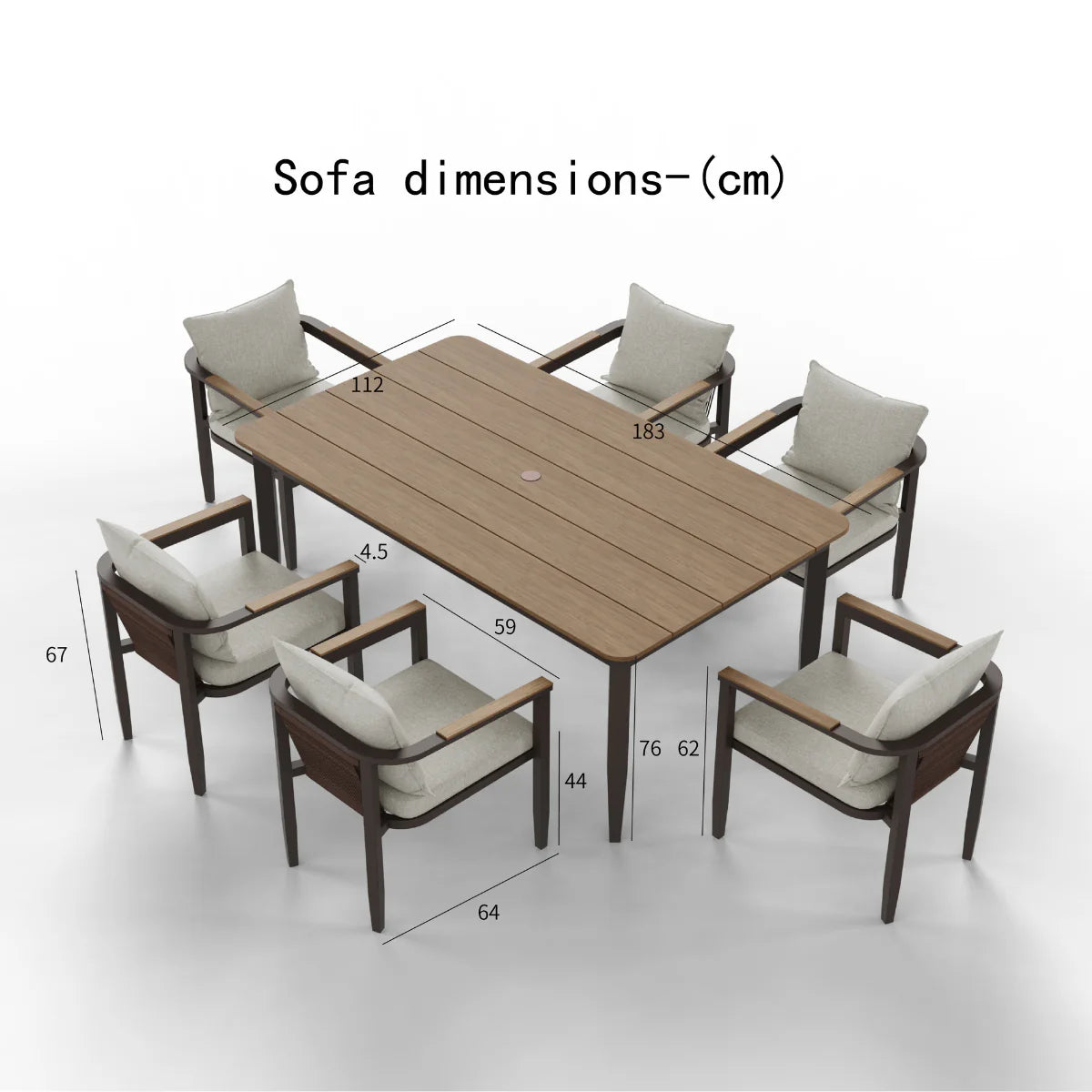 Hemera 6 seater outdoor garden dining set dimensions guide showing table and chair measurements for modern aluminium patio dining furniture planning solid furniture UK