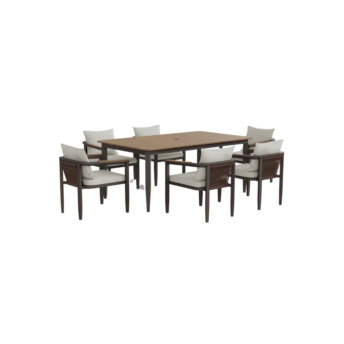 Hemera 6 seater outdoor garden dining set side angle view showing dining table and chairs, modern aluminium patio furniture for stylish outdoor dining spaces solid furniture UK