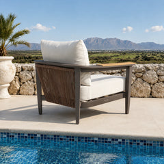 Hemera Wood outdoor garden lounge chair back side view, truffle aluminium frame with woven detail and cushioned seating for modern garden furniture set solid furniture UK