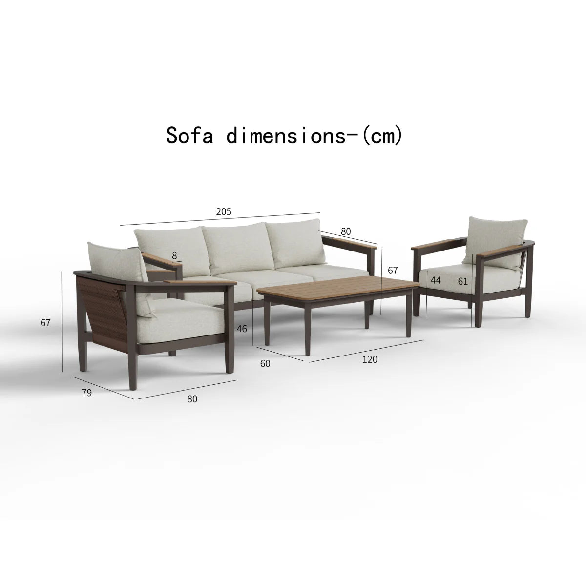 Hemera Wood 5 seater outdoor garden lounge set dimensions guide showing sofa, chair and coffee table measurements for patio furniture planning solid furniture UK