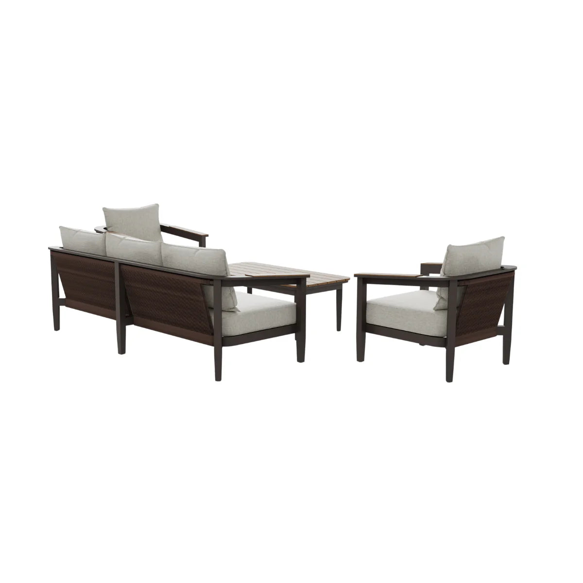 Hemera Wood outdoor garden lounge set angled view showing 3-seater sofa and armchairs with cushions, modern wood-effect patio furniture design solid furniture UK
