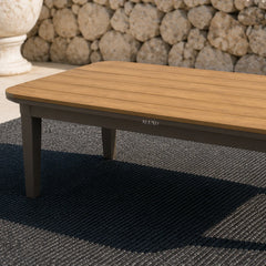 Hemera Wood outdoor coffee table close up view with slatted weather-resistant polystyrene top, modern garden furniture table for patio and outdoor living solid furniture UK