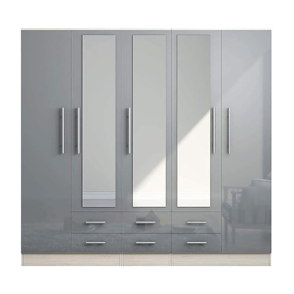 High gloss grey wardrobe featuring 6 drawers and mirrored doors for stylish storage