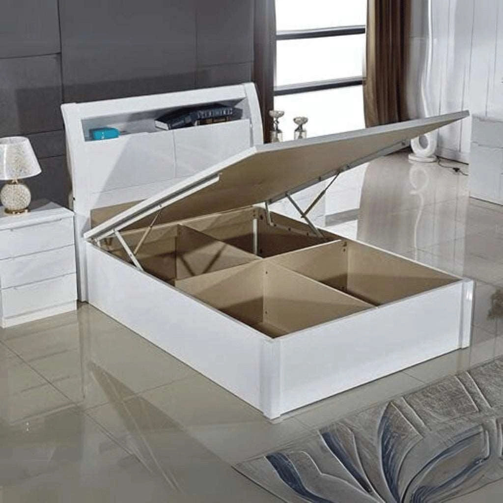 High Gloss Rugby Ottoman Bed white open view by Solid Furniture UK