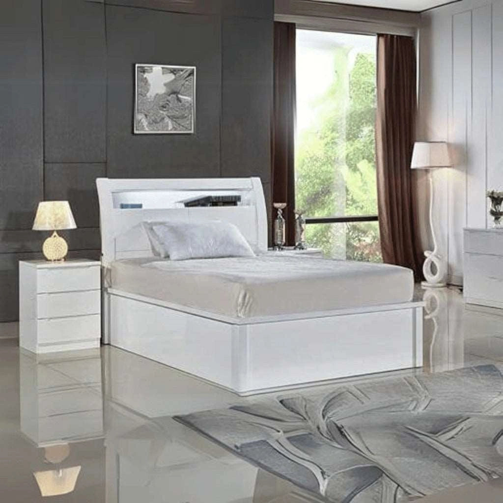 High Gloss Rugby Ottoman Bed with white mattress main view by Solid Furniture UK