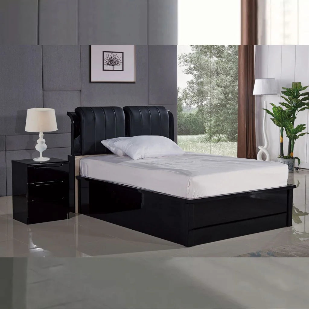 High Gloss Rugby Ottoman Storage Bed in Black with Black Leather Upholstered Headboard Main View by Solid Furniture UK