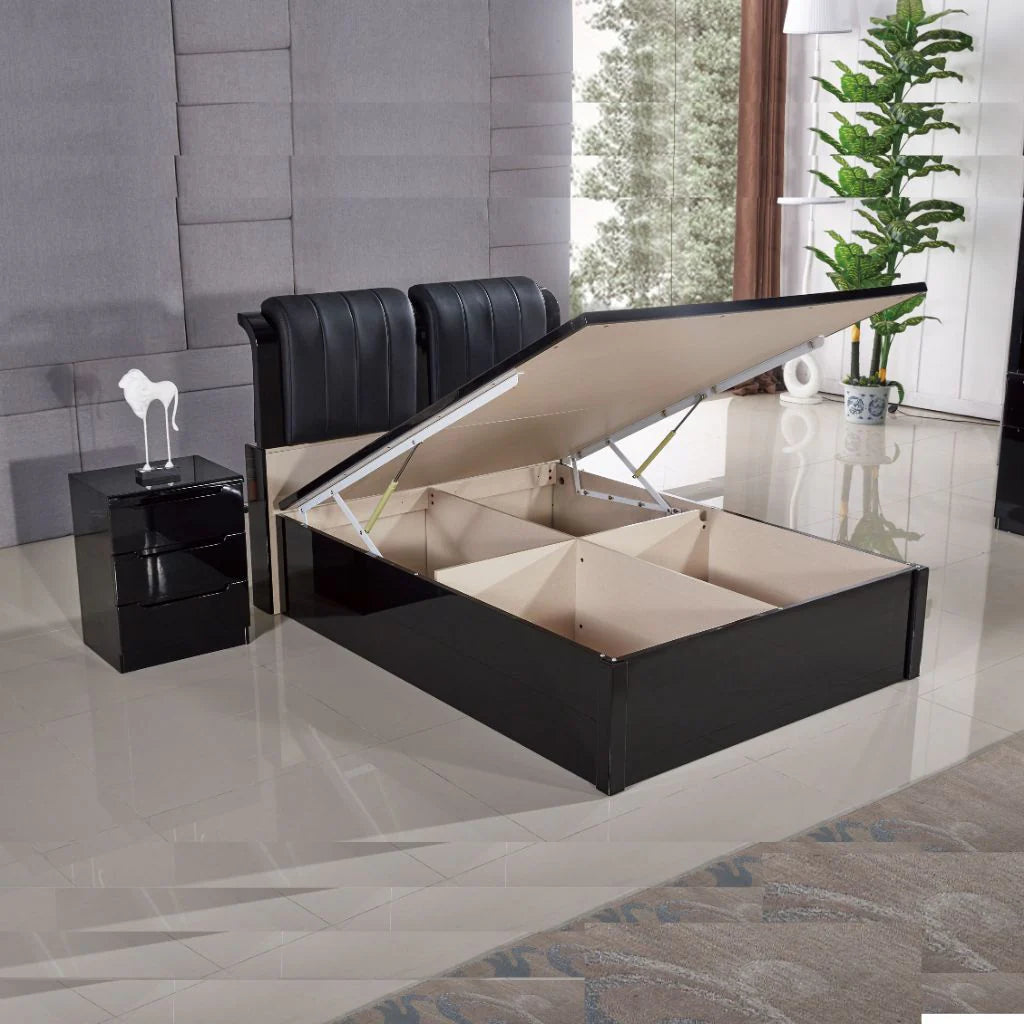 High Gloss Rugby Ottoman Storage Bed in Black with Black Leather Upholstered Headboard Open Storage View by Solid Furniture UK