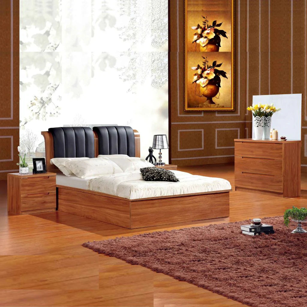 High Gloss Rugby Ottoman Storage Bed in Walnut with Black Leather Upholstered Headboard Main View by Solid Furniture UK