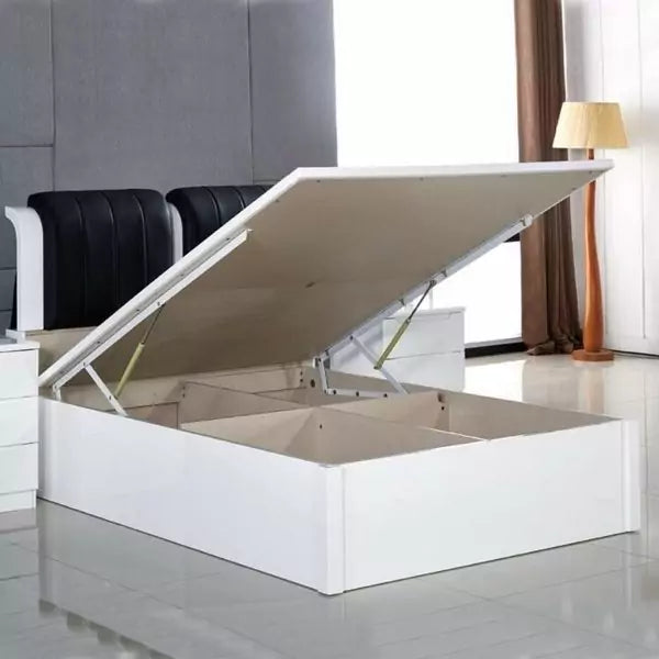 High Gloss Rugby Ottoman Storage Bed in White with Black Leather Upholstered Headboard Open Storage View by Solid Furniture UK