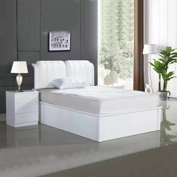 High Gloss Rugby Ottoman Storage Bed in White with White Leather Upholstered Headboard Main View by Solid Furniture UK