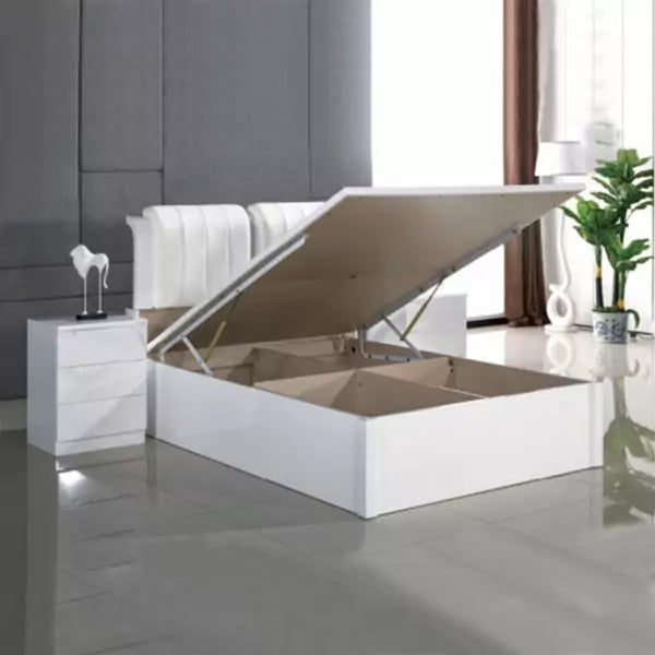 High Gloss Rugby Ottoman Storage Bed in White with White Leather Upholstered Headboard Open Storage View by Solid Furniture UK