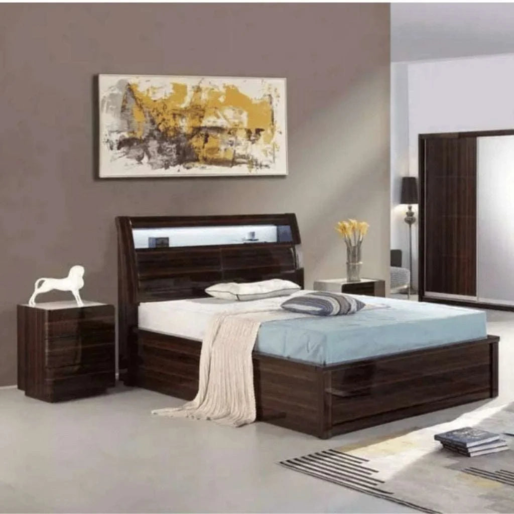High Gloss Walnut Romeo Ottoman Bed with LED Lighting by Solid Furniture UK