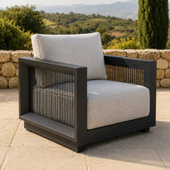 Ikos Onyx outdoor garden lounge chair single view, modern aluminium patio chair with cushioned seating for patio and garden use solid  furniture UK