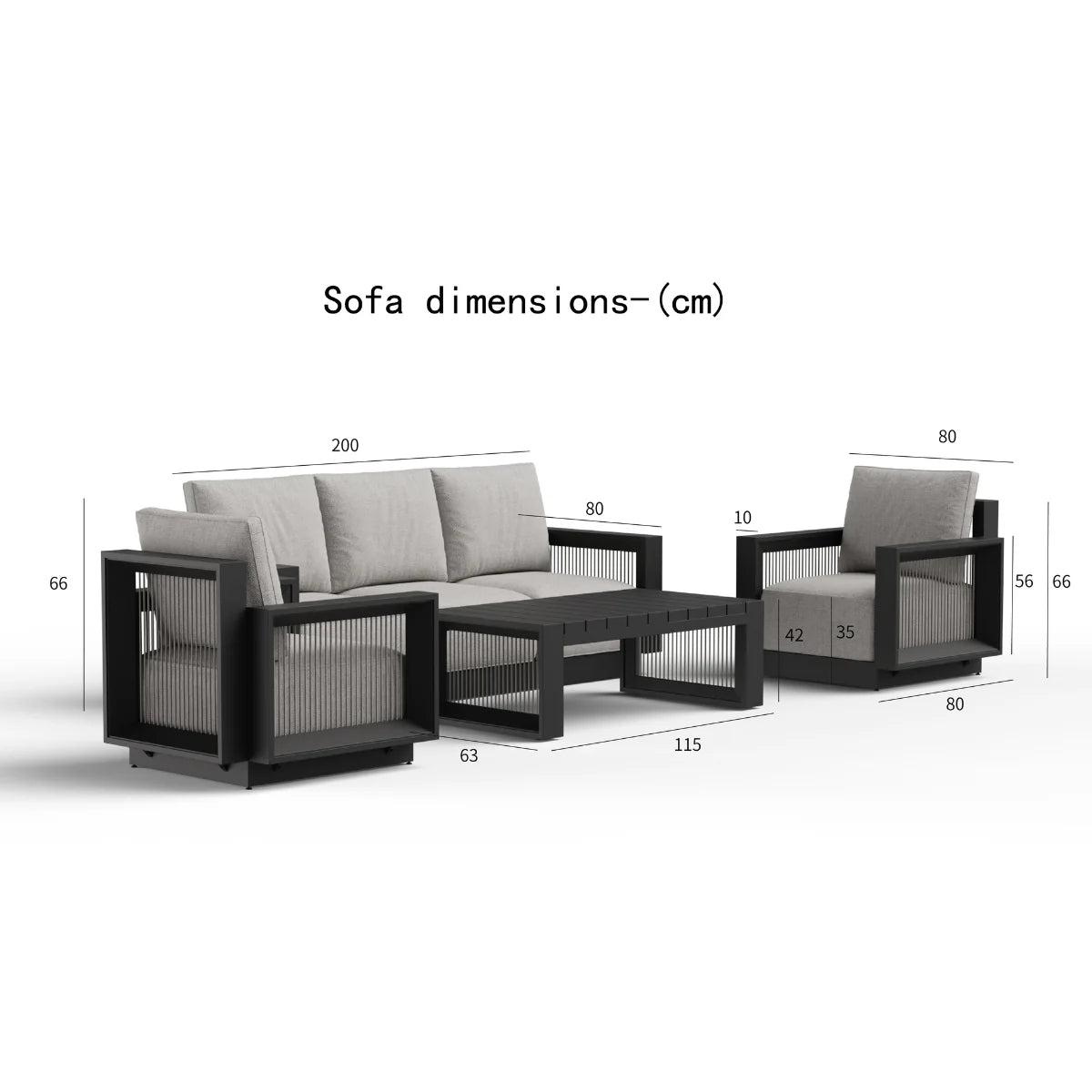 Ikos Onyx outdoor garden lounge set dimensions guide showing sofa, chair and table measurements for patio furniture planning solid furniture UK