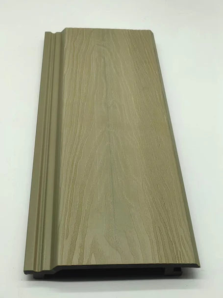 Interlocking khaki composite exterior wall panels on a modern building Soli Furniture UK