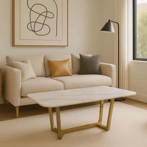 Jessica coffee table with gold geometric base and ceramic top in a modern UK living room, Solid Furniture UK