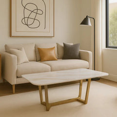Jessica coffee table with gold geometric base and ceramic top in a modern UK living room, Solid Furniture UK