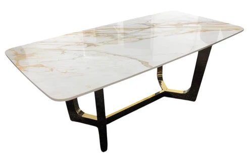 Jessica coffee table side view showing gold geometric base and ceramic tabletop, Solid Furniture UK