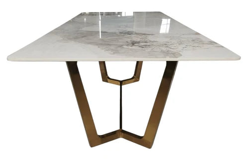 Jessica dining table side angle showing the gold geometric base and ceramic top, Solid Furniture UK