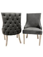 Kensington dark grey fabric deep button back chrome dining chairs pair view UK from Solid Furniture UK