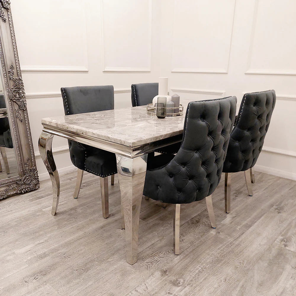 Kensington dark grey fabric dining chairs set placed with dining table showing modern UK dining room setup Solid Furniture UK