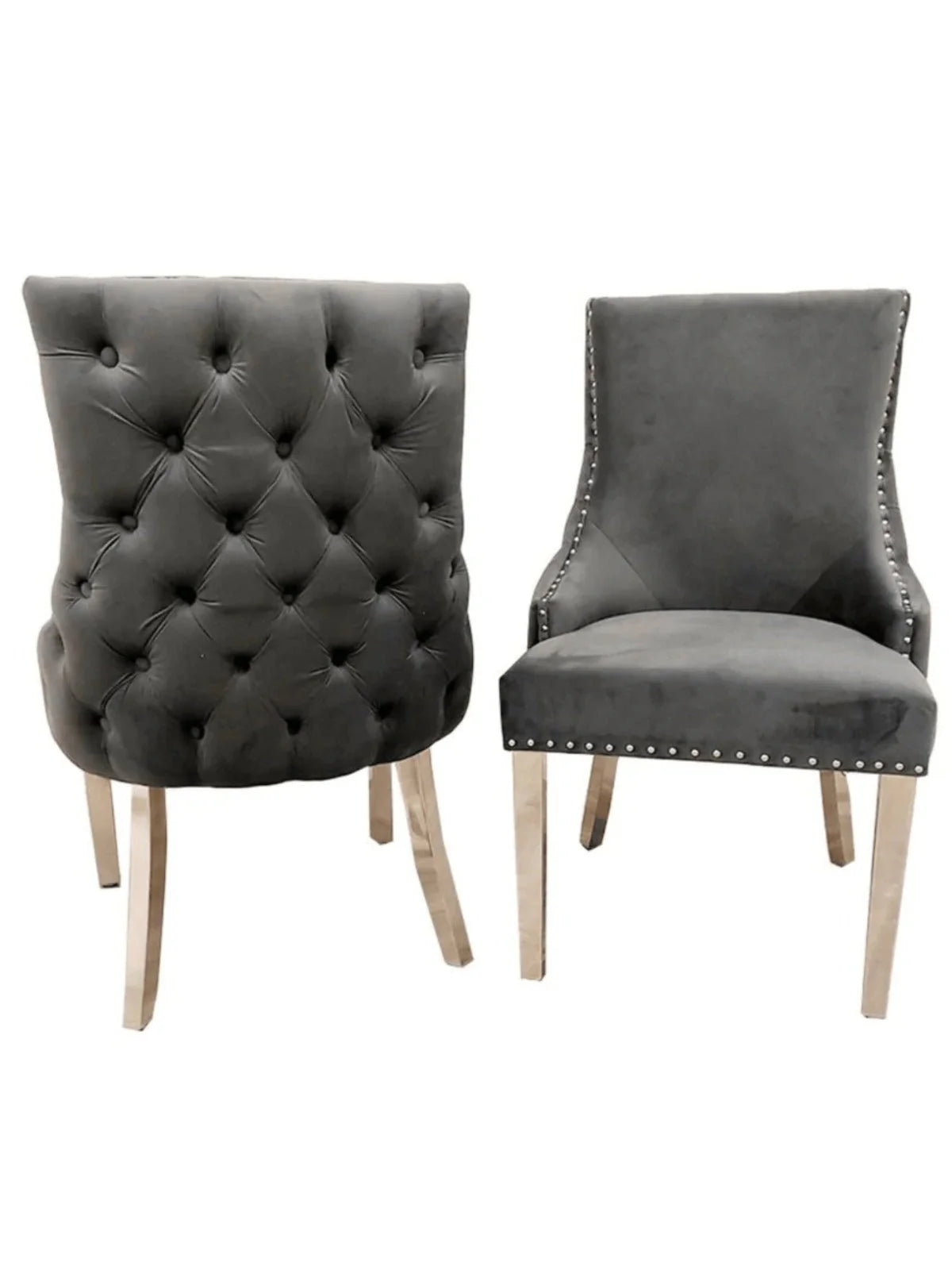 Pair of dark grey Kensington dining chairs with deep button back and chrome legs from Solid Furniture UK stylish dining chairs