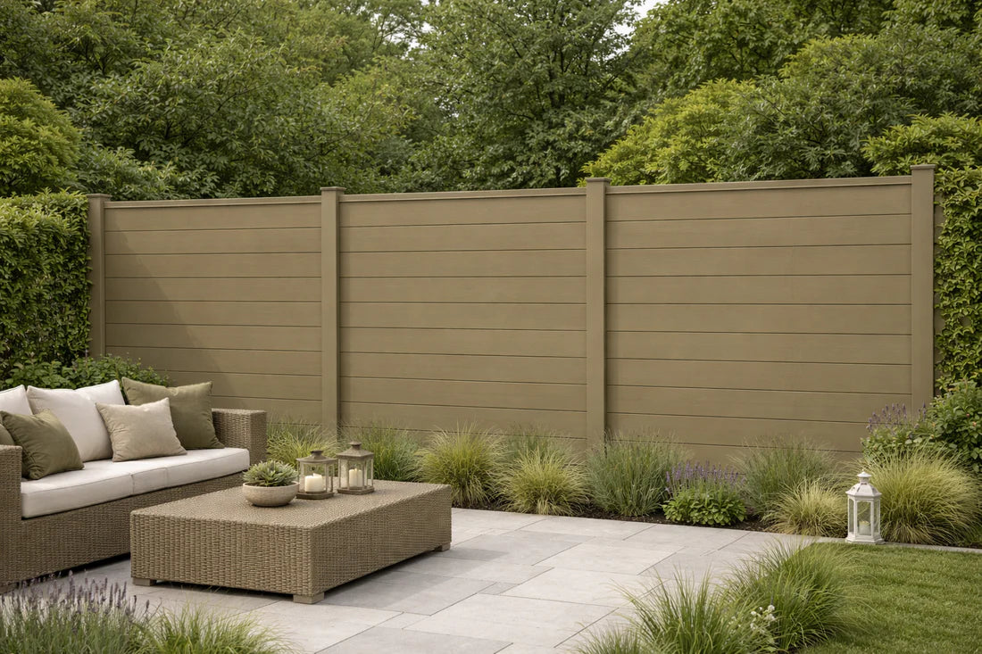 Modern khaki composite fence installation on a patio area supplied by Solid Furniture UK for outdoor improvement