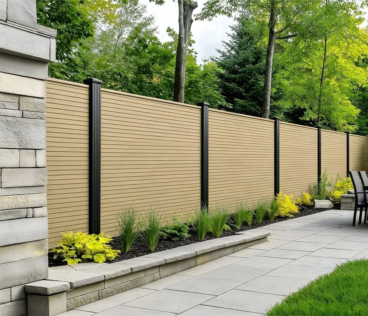 Khaki Composite Fencing Panels by Solid Furniture UK fitted in an outdoor space for privacy and style