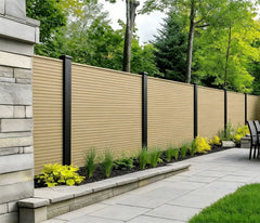 Khaki Composite Fencing Panels by Solid Furniture UK fitted in an outdoor space for privacy and style