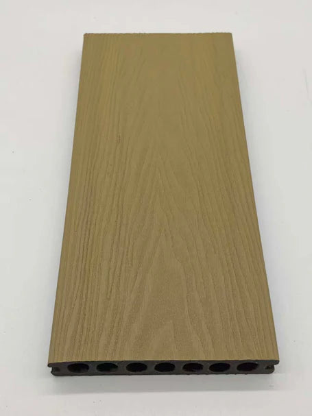 Close-up view of pack of 4 khaki outdoor decking boards 290cm from Solid Furniture LTD UK, installed in a garden patio, highlighting the texture, grooves, and durable finish suitable for UK outdoor spaces
