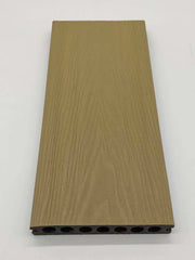 Close-up view of pack of 4 khaki outdoor decking boards 290cm from Solid Furniture LTD UK, installed in a garden patio, highlighting the texture, grooves, and durable finish suitable for UK outdoor spaces