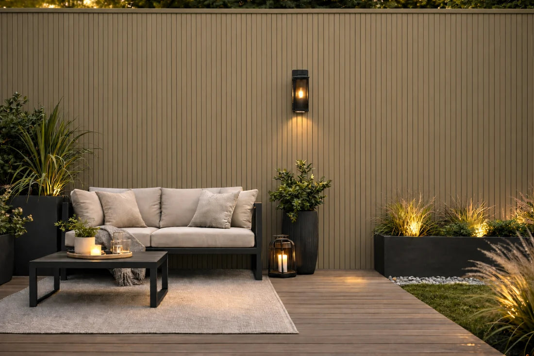 Khaki waterproof exterior WPC wall panels 180/290cm installed on garden wall UK | Solid Furniture UK