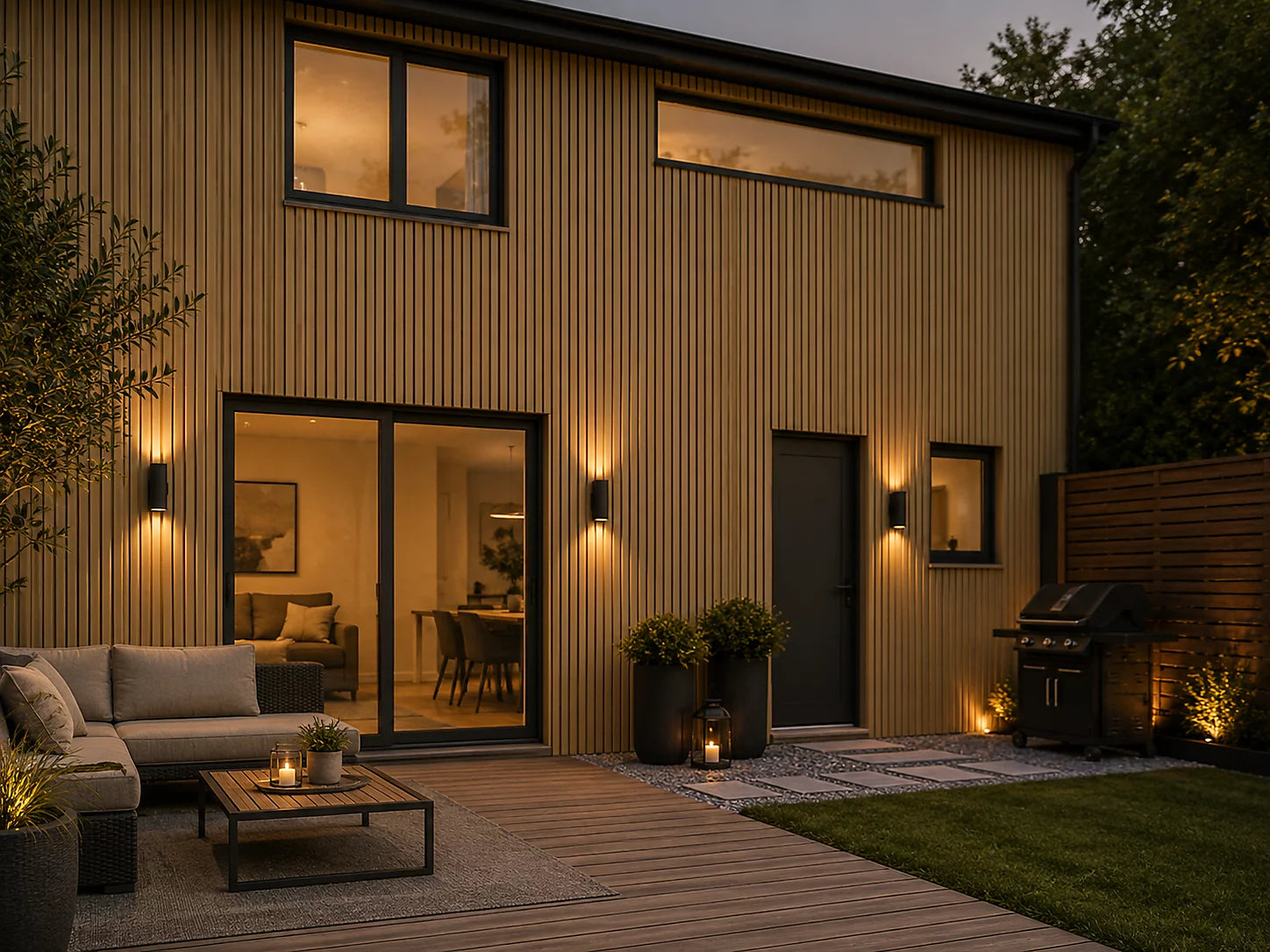 Khaki waterproof exterior WPC wall panels 180/290cm installed on house facade wall | Solid Furniture UK
