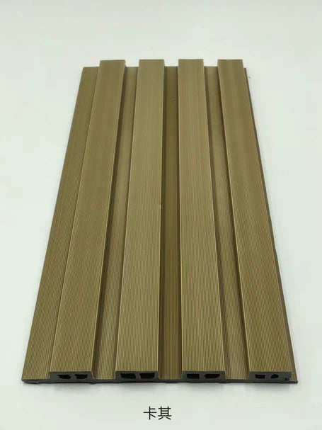 Front view of khaki WPC outdoor wall panel 180cm and 290cm in the UK by Solid Furniture LTD, displaying clean structured slat design and earthy modern finish