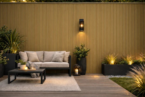 Khaki WPC outdoor wall panels 180cm and 290cm installed on exterior wall in the UK by Solid Furniture LTD, ideal for gardens, patios, balconies, and feature walls