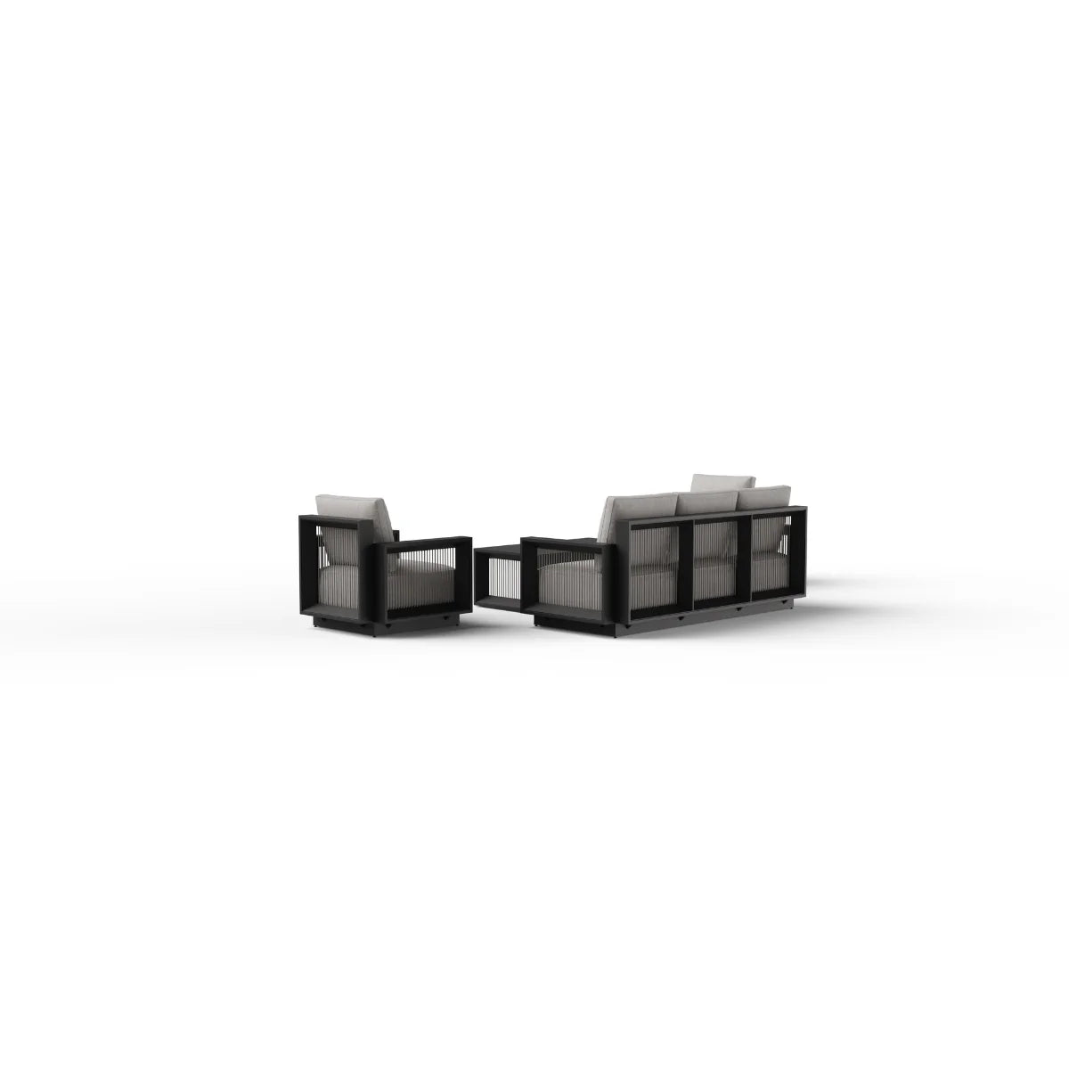 Ikos Onyx outdoor lounge set side angle view, modern 5 seater patio furniture set with sofa, chairs and coffee table in elegant design solid furniture UK