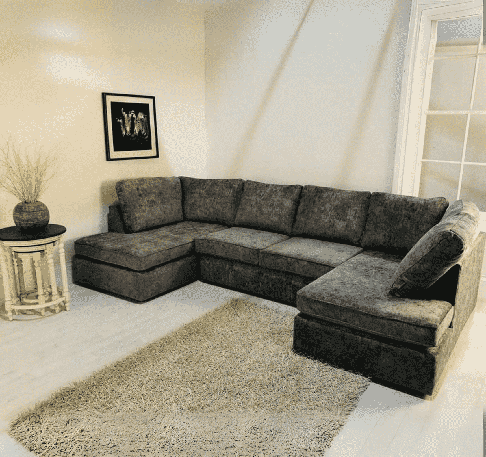 Angle view of Large Bishop U shape corner sofa in plush velvet showing its spacious U shape layout SOLID FURNITURE LTD