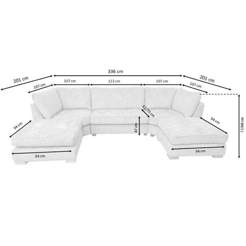 Large Bishop U shape corner sofa showing detailed dimensions and spacious U shape layout UK solid furniture LTD