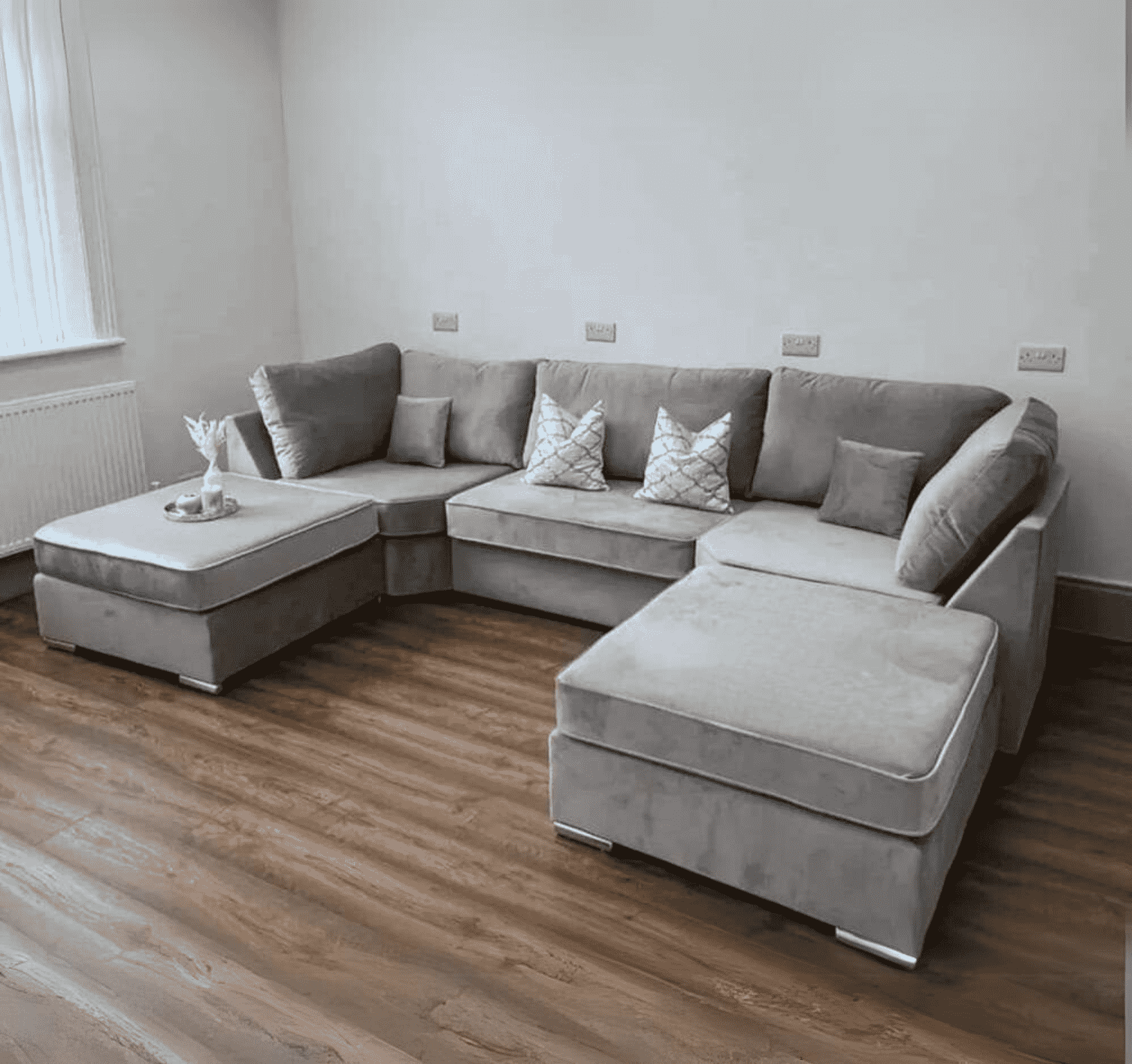 Large Bishop U shape corner sofa in grey chenille fabric with deep seating and UK made quality SOLID FURNITURE LTD