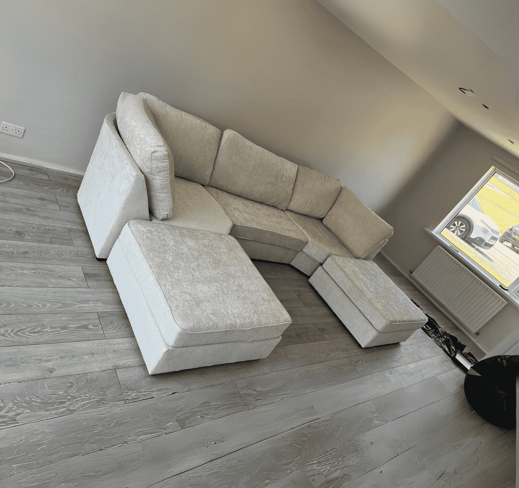 Large Bishop U shape corner sofa in pearl plush velvet with soft tones and deep comfortable seating UK SOLID FURNITURE LTD