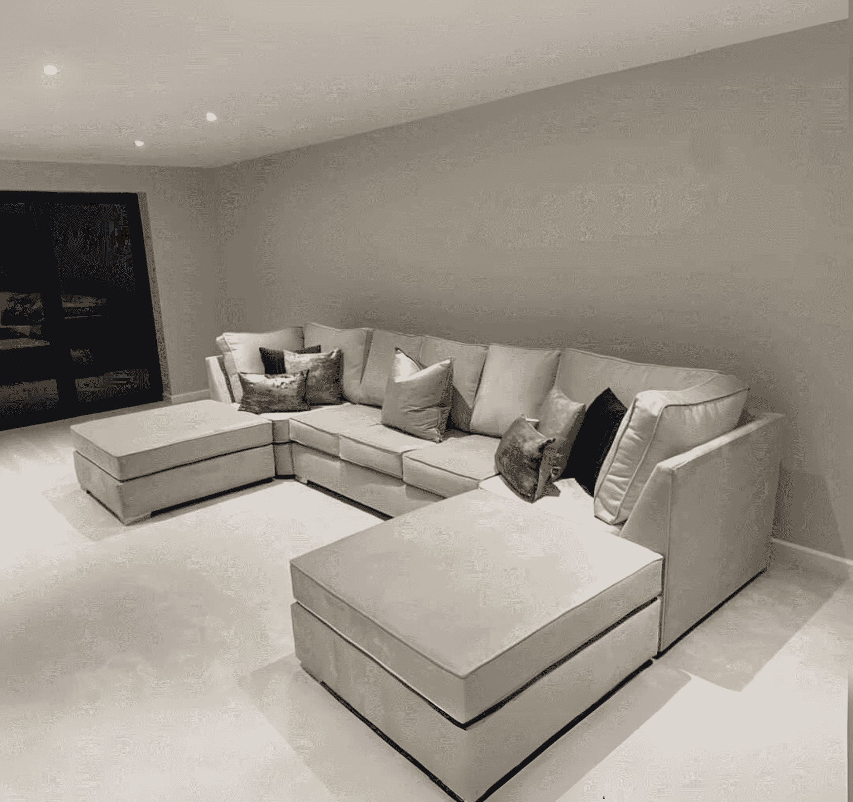 Large Bishop U shape corner sofa in silver chenille fabric showing stylish and spacious seating UK SOLID FURNITURE LTD