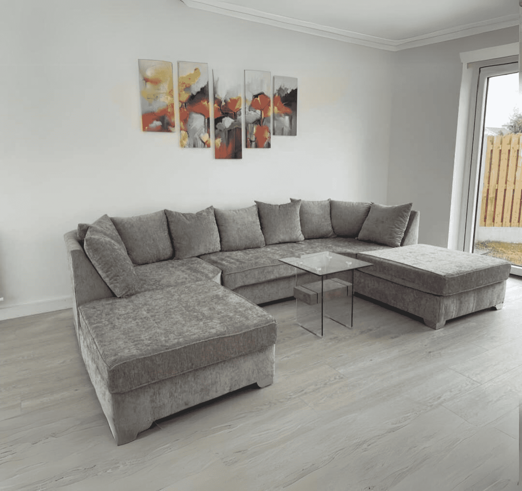 Large Bishop U shape corner sofa in silver chenille fabric showing stylish and spacious seating UK SOLID FURNITURE LTD