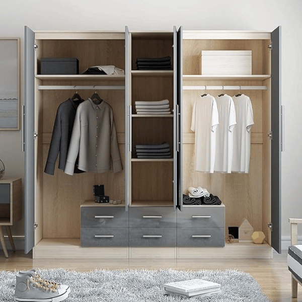 Large grey gloss bedroom wardrobe with mirrored doors and spacious storage design
