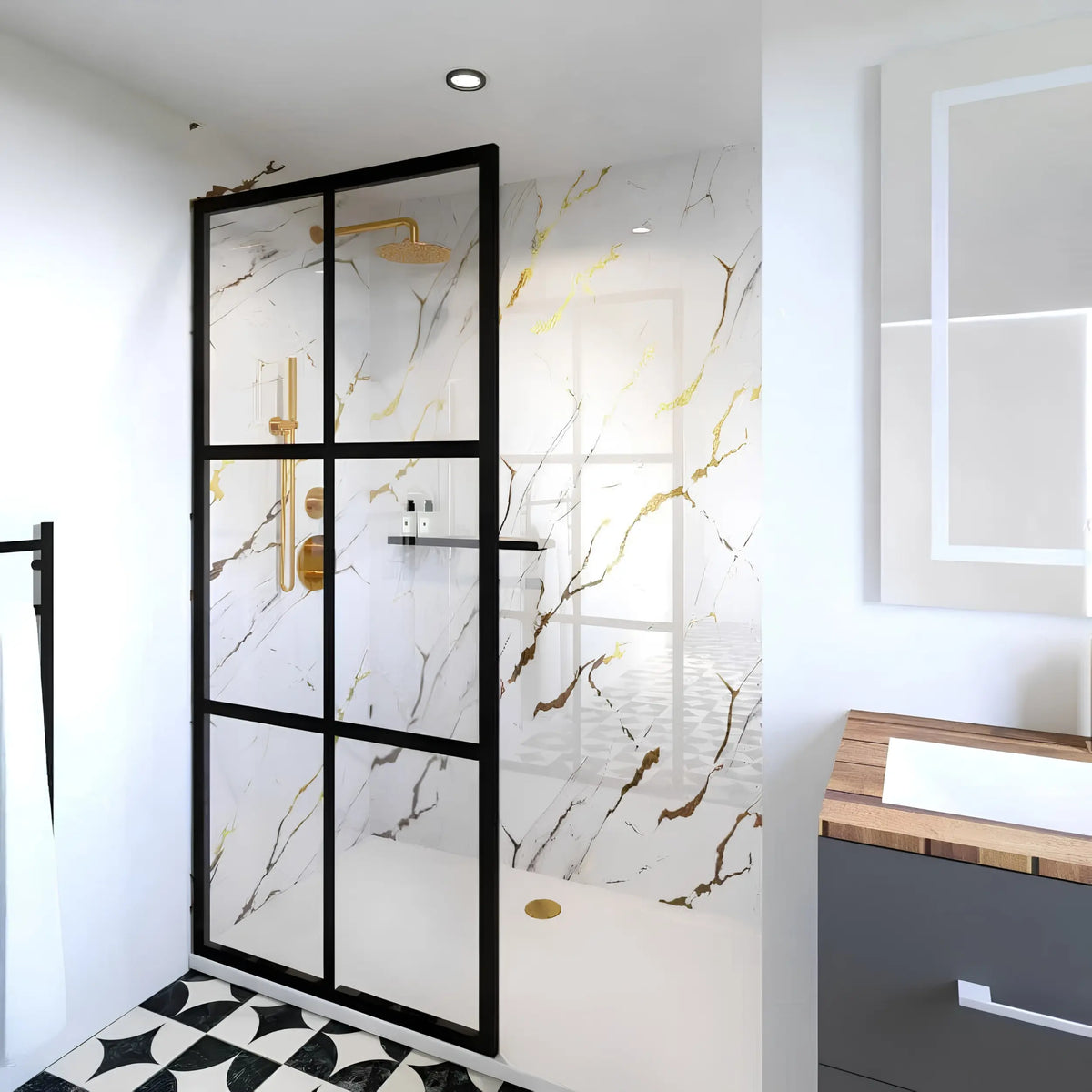 Large White and Gold gloss PVC wall panel installed in a modern bathroom by Solid Furniture UK