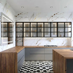 Large White and Gold gloss PVC wall panel installed in a modern kitchen by Solid Furniture UK