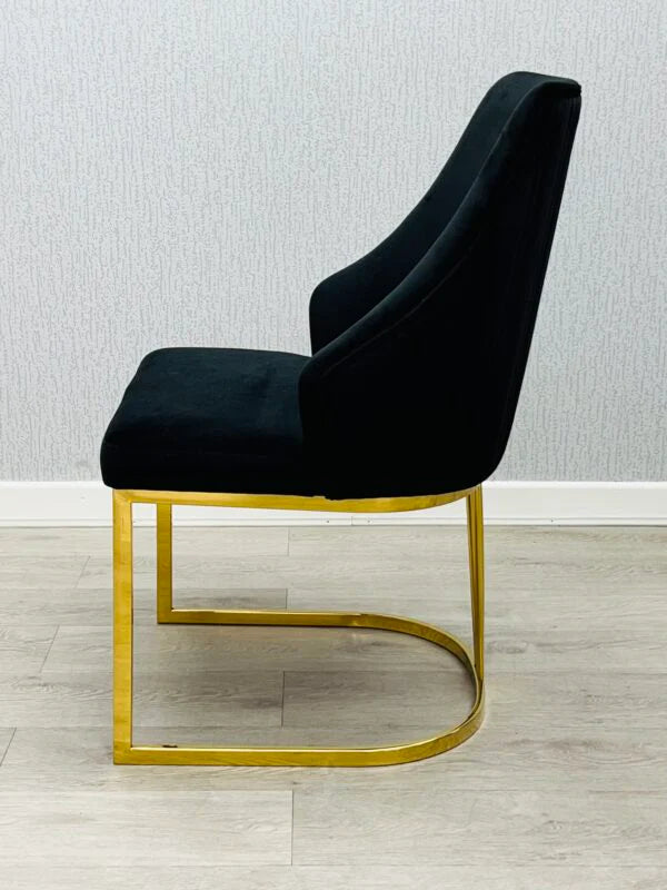 Lasco Black & Gold Upholstered Dining Chair Side View with Metallic Frame from Solid Furniture UK