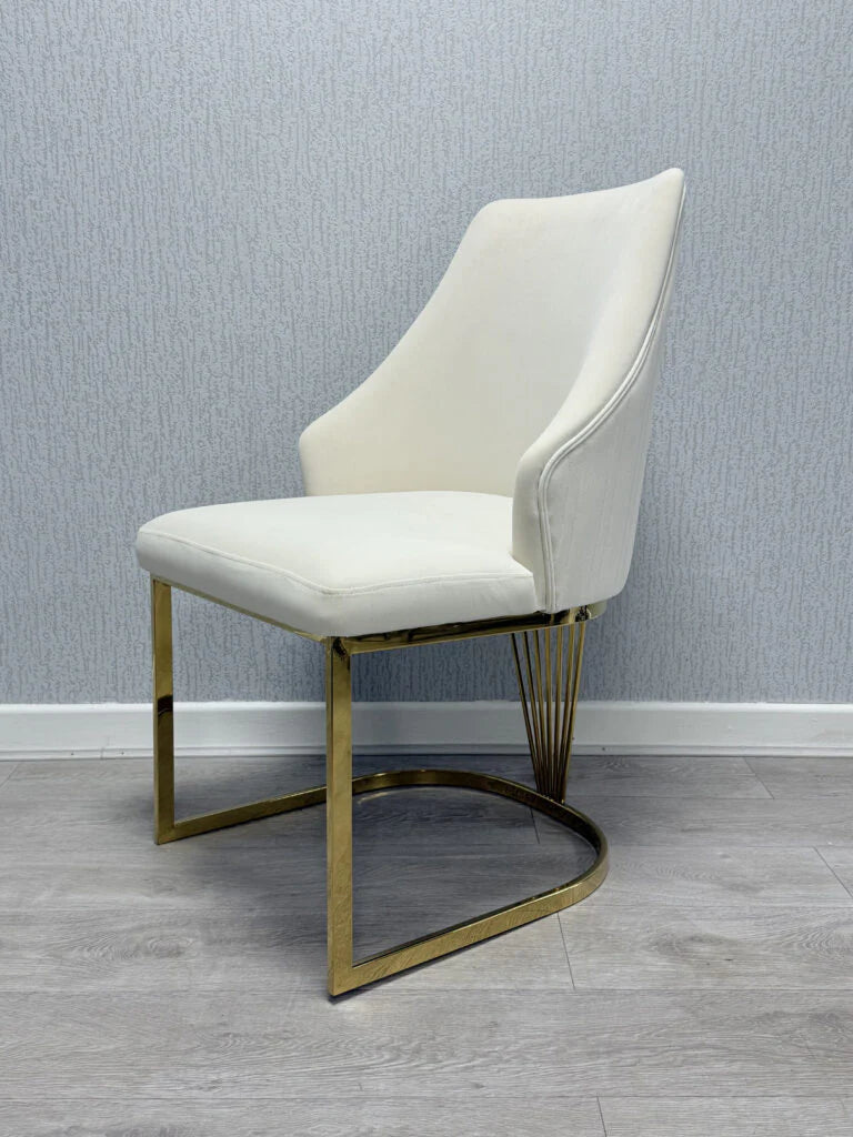 Lasco Cream & Gold Upholstered Dining Chair Side View with Metallic Frame from Solid Furniture UK
